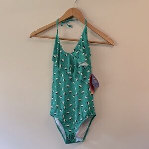 Adorable Green Kids One Piece  halter top Swimsuit sz 14